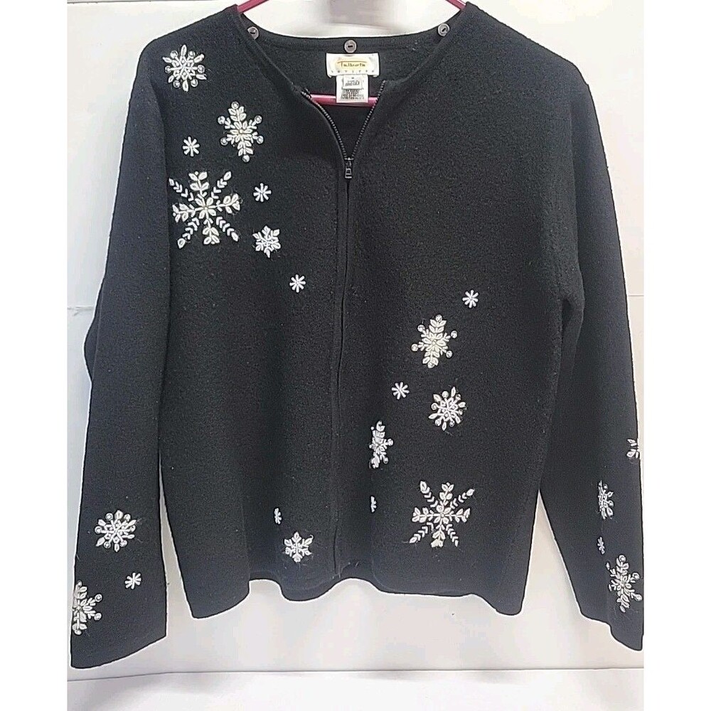 Vtg Talbots Sweater Womens Black Snowflake Wool Cardigan Sz Small